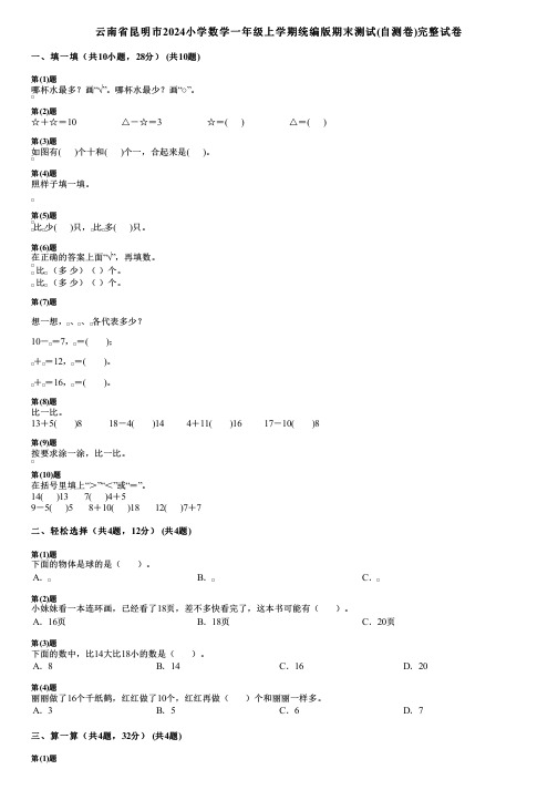 云南省昆明市2024小学数学一年级上学期统编版期末测试(自测卷)完整试卷