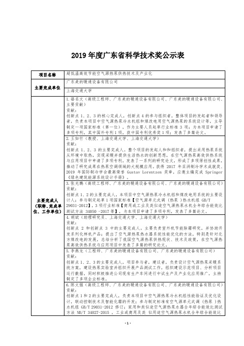 2019年度广东省科学技术奖公示表