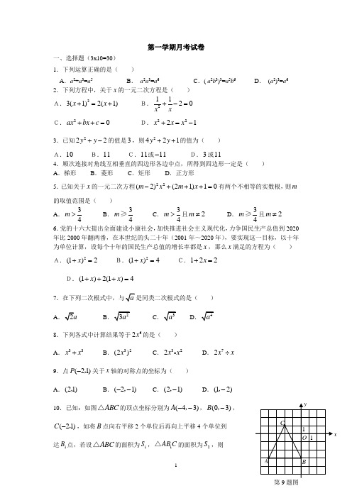 华师大九年级数学(上)考试试题