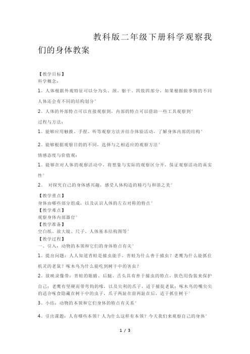 教科版二年级下册科学观察我们的身体教案