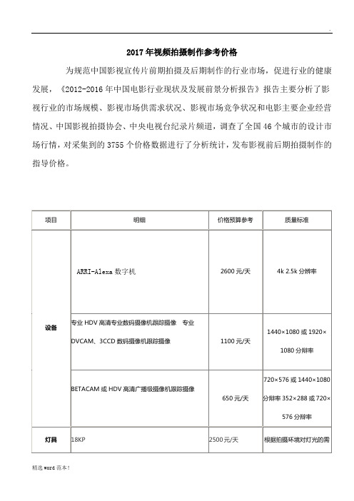 视频报价标准参考