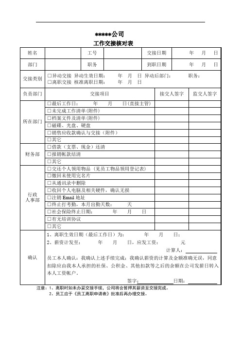 工作交接核对表-人事表单模板