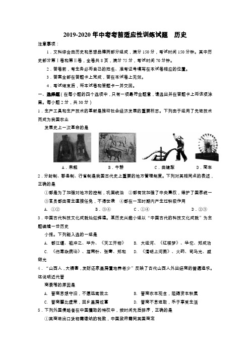 2019-2020年中考考前适应性训练试题  历史