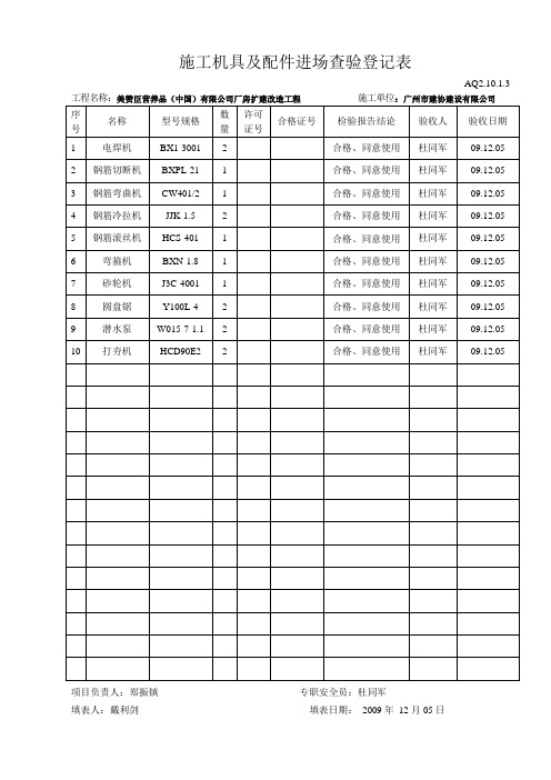 施工机具及配件进场查验登记表