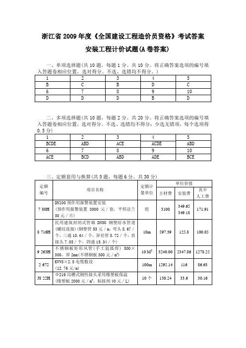 2009年浙江省安装造价员考卷答案