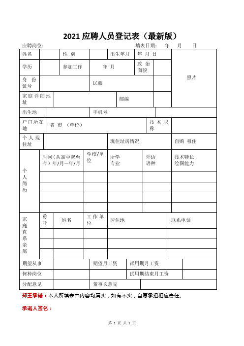 2021应聘人员登记表(最新版)