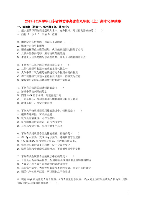 山东省潍坊市高密市九年级化学上学期期末试题(含解析) 新人教版