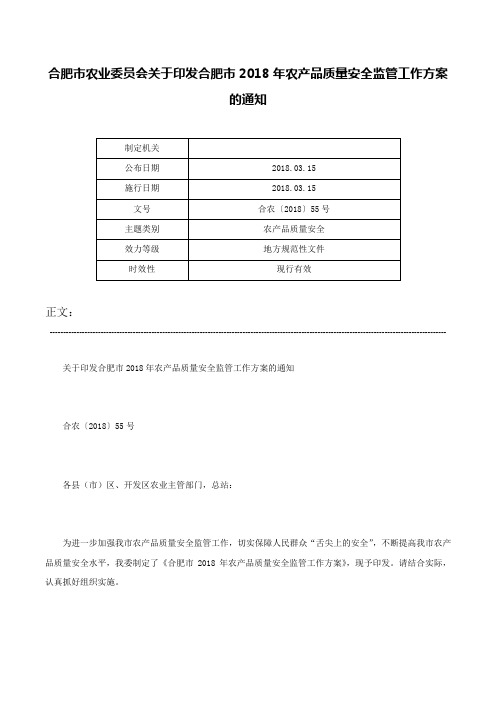 合肥市农业委员会关于印发合肥市2018年农产品质量安全监管工作方案的通知-合农〔2018〕55号