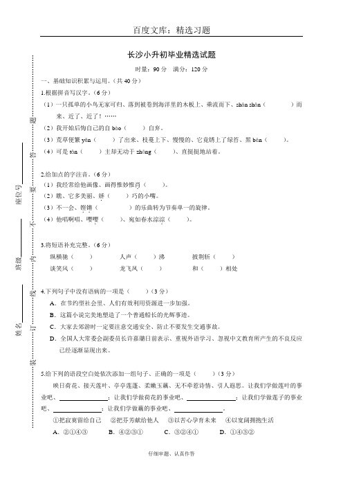 【人教版】2018学年六年级上册语文 小升初择校试题   长沙小升初精选试题
