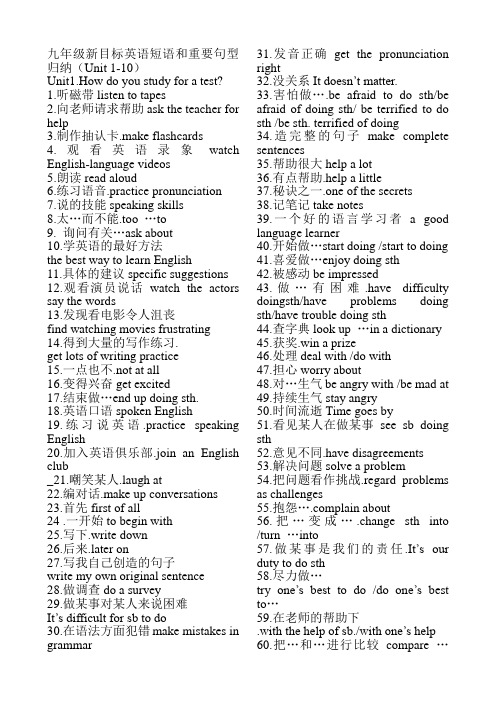 1-10单元复习时编辑九年级新目标英语短语和重要句型归纳