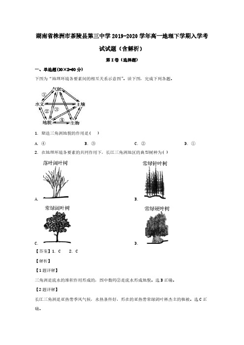  湖南省株洲市茶陵县第三中学2019-2020学年高一地理下学期入学考试试题(含解析)