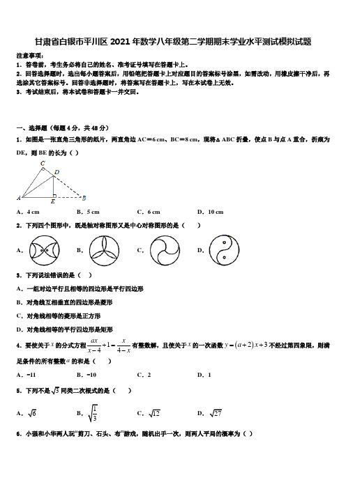 甘肃省白银市平川区2021年数学八年级第二学期期末学业水平测试模拟试题含解析
