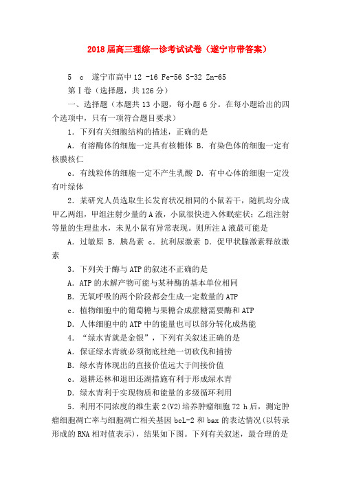 【高三数学试题精选】2018届高三理综一诊考试试卷(遂宁市带答案)