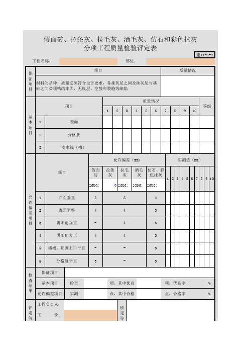 假面砖、拉条灰、拉毛灰、洒毛灰、仿石和彩色抹灰分项工程质量检验评定表