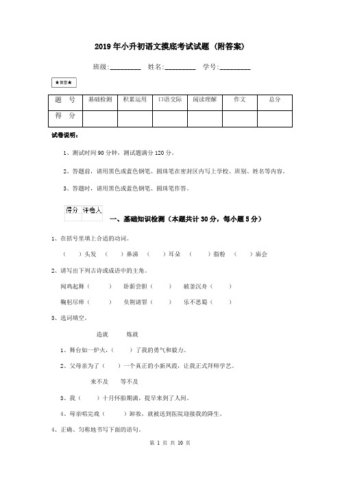 2019年小升初语文摸底考试试题 (附答案)