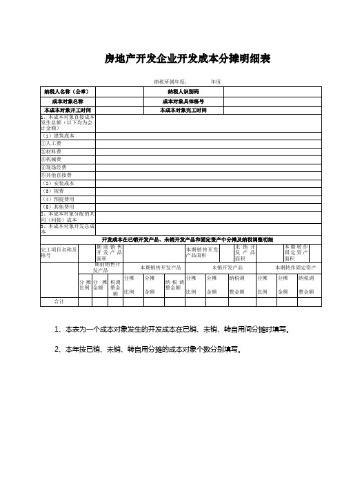 房地产开发企业开发成本分摊明细表