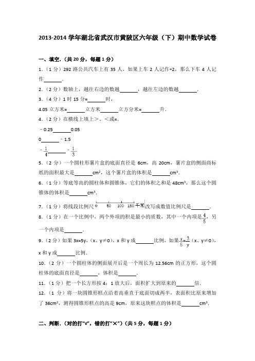2013-2014学年湖北省武汉市黄陂区六年级(下)期中数学试卷(解析版)