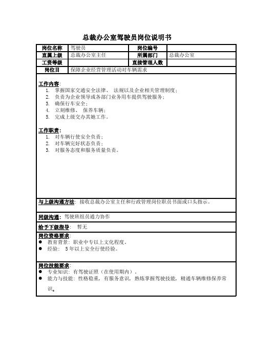 中小房地产业小车驾驶员岗位说明书