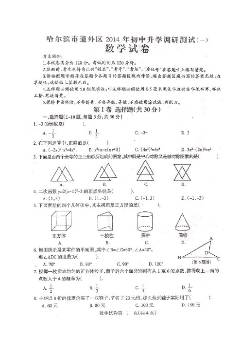 2014届黑龙江省哈尔滨市道外区九年级中考调研测试数学试题(一)及答案(扫描版)