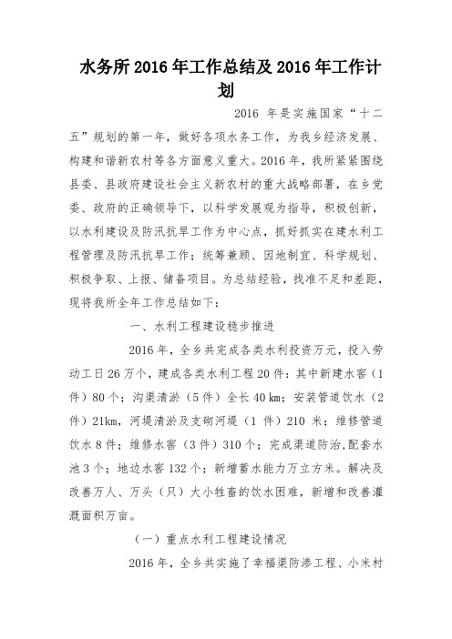 水务所2016年工作总结及2016年工作计划