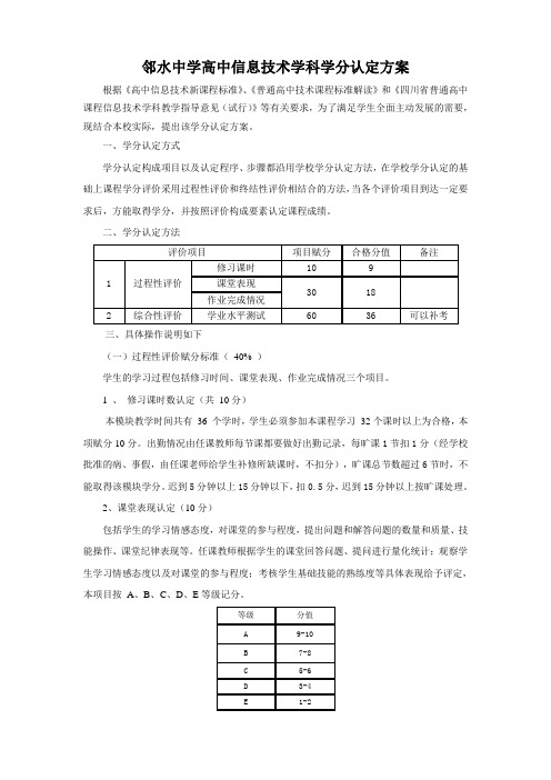 高中信息技术必修模块学生学分认定方案