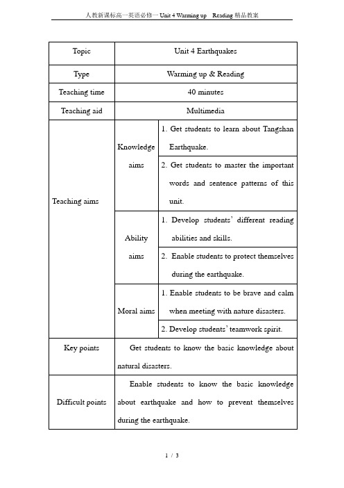 人教新课标高一英语必修一Unit 4 Warming up  Reading精品教案