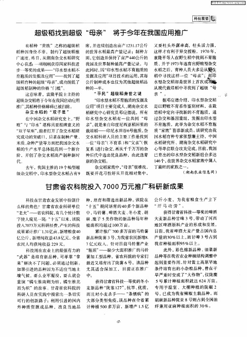 超级稻找到超级“母亲”将于今年在我国应用推广