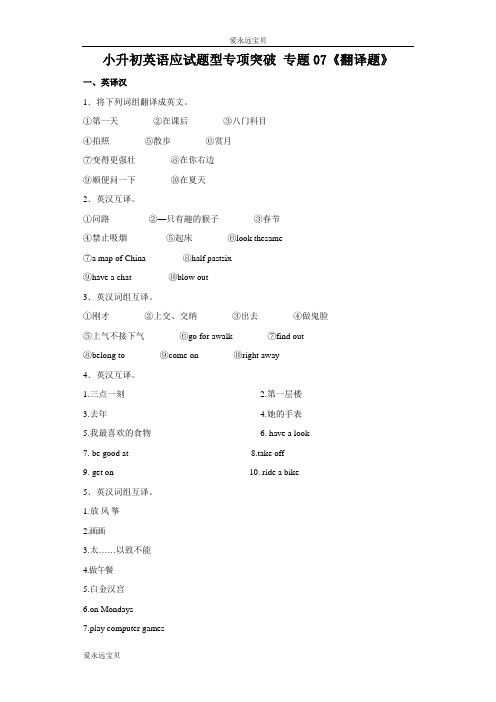 2020年小升初六年级英语专项突破07《翻译题》 (通用版含答案)