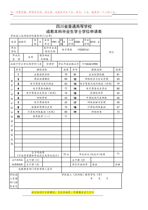 成教自考本科学士学位申请表及承诺书真人模板