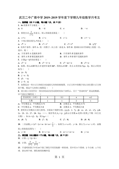 武汉二中广雅中学2016~2017学年度下学期九年级数学月考五(无答案)
