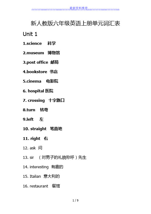 新人教版六年级英语上册单元词汇表