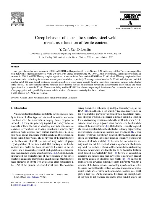 Creep behavior of austenitic stainless steel weld metals as a function of ferrite content