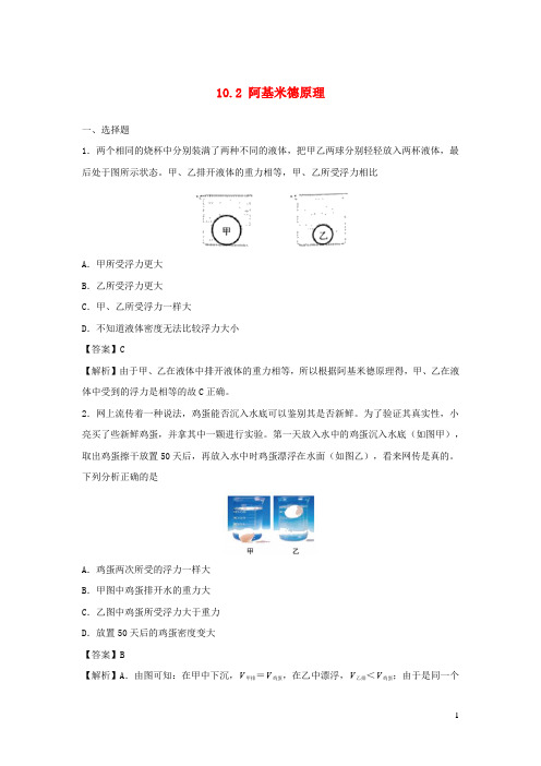 2019_2020学年八年级物理下册10.2阿基米德原理同步培优训练卷(含解析)(新版)新人教版