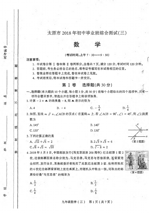 山西省太原市2018届九年级中考综合测试(三)数学试题(PDF版)