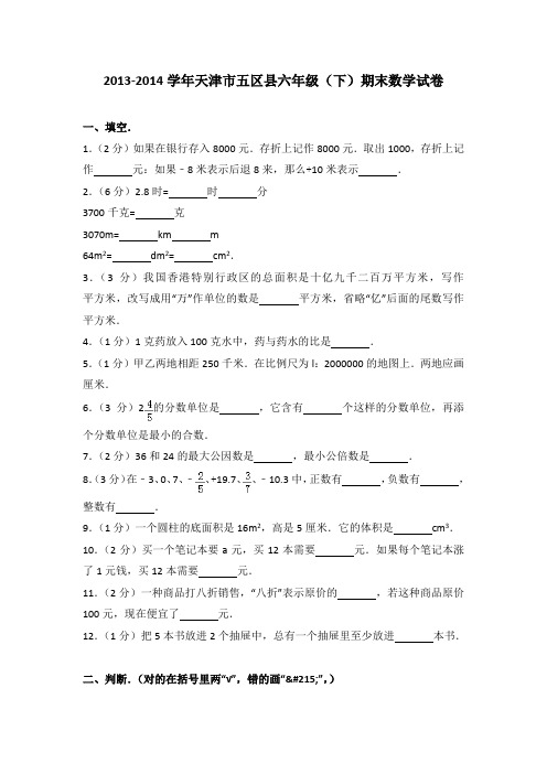 2013-2014学年天津市五区县六年级(下)期末数学试卷(解析版)