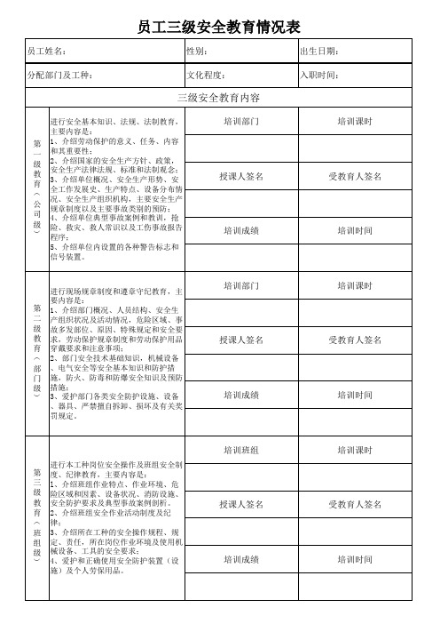 员工安全三级教育培训表格