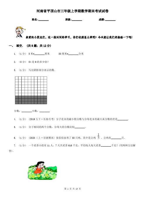 河南省平顶山市三年级上学期数学期末考试试卷