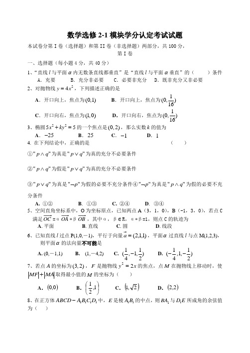 数学选修2-1模块学分认定考试试题