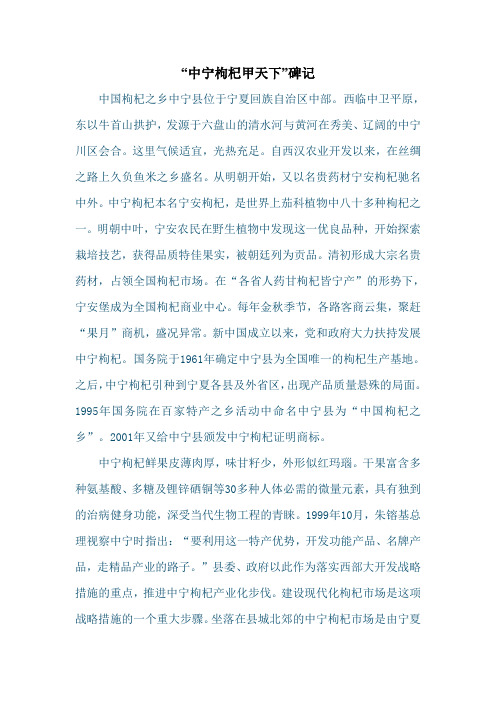 “中宁枸杞甲天下”碑记