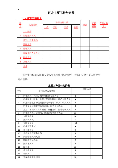 矿井主要工种实际定员