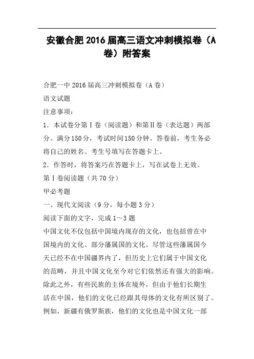 安徽合肥2016届高三语文冲刺模拟卷A卷附答案