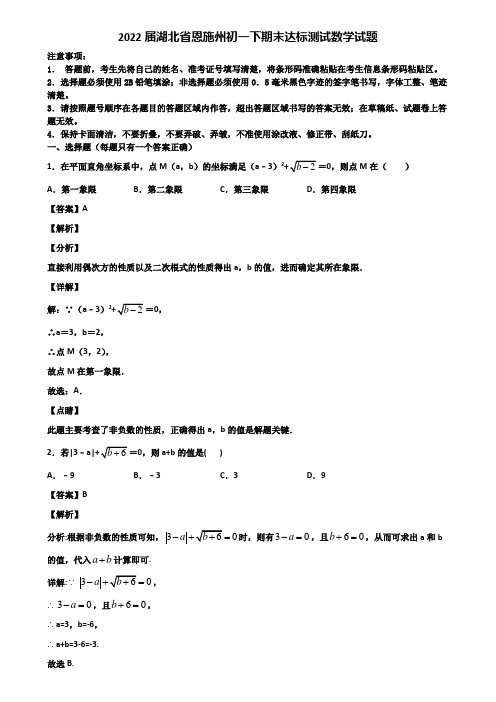 2022届湖北省恩施州初一下期末达标测试数学试题含解析