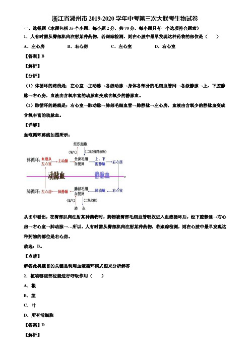 浙江省湖州市2019-2020学年中考第三次大联考生物试卷含解析