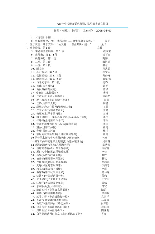 08年中考语文要求背诵、默写的古诗文篇目