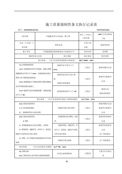24#风机安装工程施工强制性条文执行记录表(质量)