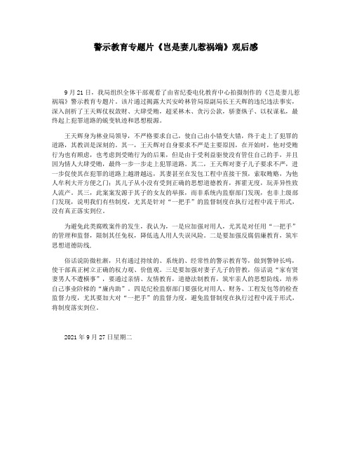警示教育专题片《岂是妻儿惹祸端》观后感