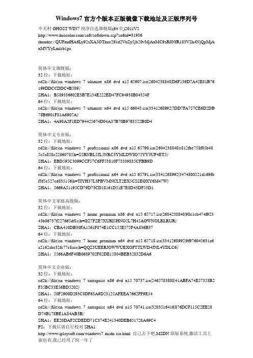 Windows7官方个版本正版镜像下载地址及正版序列号