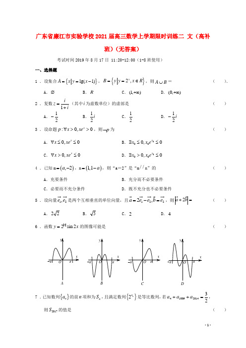 广东省廉江市实验学校2021届高三数学上学期限时训练二 文(高补班)(无答案)