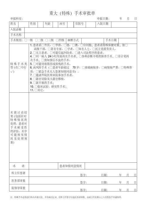 医院重大(特殊)手术审批单