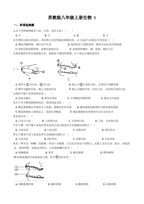 苏教版八年级上册生物 5.14.2千姿百态的动物世界 同步测试(解析版)